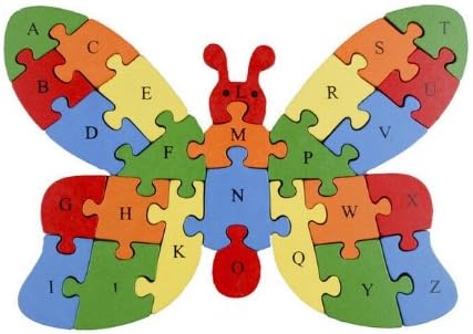 Colorful Wooden Butterfly Puzzle- This 10.5" x 7.5" x 0.6" Jigsaw Helps Color, Letter and Alphabet Learning. Pieces Form an Alphabet on one Side & Numbers on The Other. Made in Poland. Ages 3 and up
