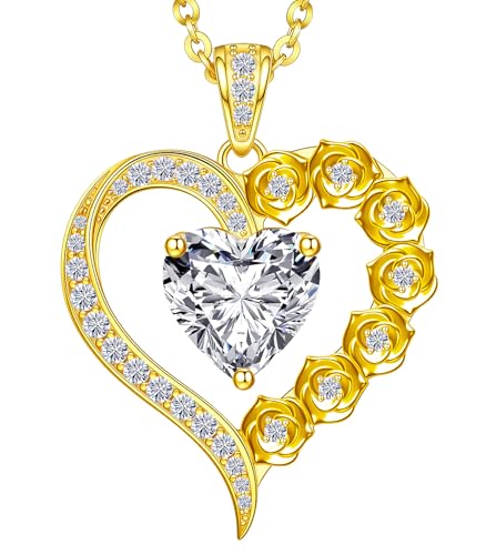 Beam & Bask 2-3 Carat Moissanite Rose Flower Heart Necklace for Her, Sterling Silver Plated with 18K Gold, Birthday, Wedding, Anniversary Pendant Jewelry for Girlfriend, Wife, Bride, Soulmate
