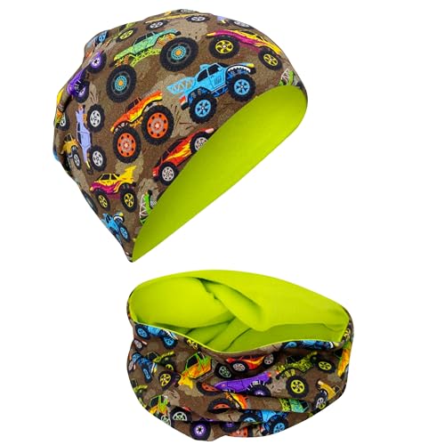 HECKBO Set Beanie Monster Truck & Bufanda – 2-8 Años – 95% Algodón – Elástico – Interior de Jersey – Gorro de Invierno Diseño de Coches Hecho a Mano (48–54 cm)