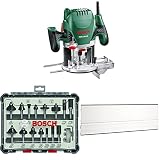 Bosch Oberfräse POF 1200 AE (1200 Watt, inkl. Zubehör für präzise Holzbearbeitung, für unterschiedliche Holzarten) + 15tlg. Fräser Set Mixed (Zubehör Oberfräsen, 8 mm Schaft) + Führungsschiene FSN 70
