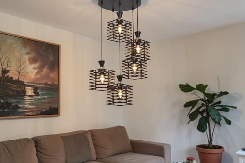 Image of Modern 5-Light Cluster Pendant Ceiling Light | Industrial Cube Metal Hanging Light | Geometric Multi-Light Chandelier for Living Room, Dining Area, Kitchen Island | E27 Holder | Black Finish