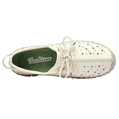 Image of Women'S Hollow Leather Lace Up Flat Loafers,Lightweight Breathable Casual Comfort Non-Slip Walking Shoes Handmade Beef Tendon Soft Sole Mom Nurse Shoes