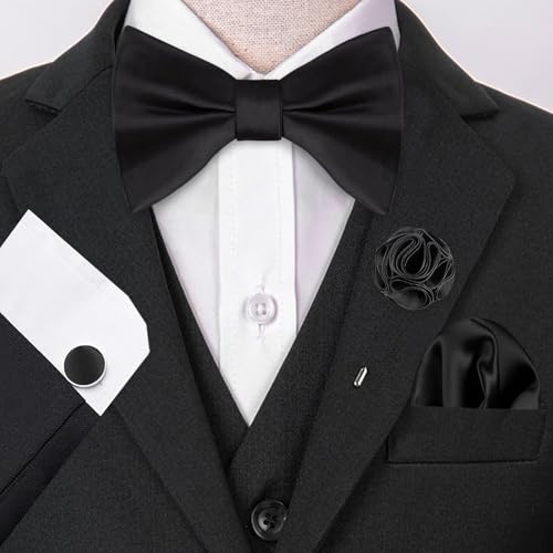 Image of Alizeal Mens 4pcs Formal Solid Bow Tie Set | Pre-tied Pocket Square Cufflinks Boutonniere for Wedding Everyday Use