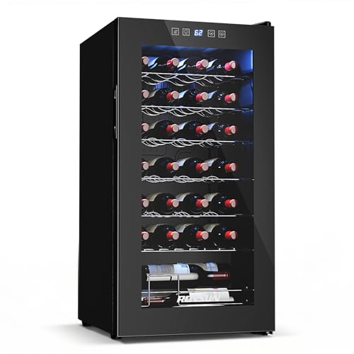ROVSUN 28 Bottle Wine Fridge, Freestanding Compressor Wine Cooler Refrigerator, Beverage Wine Chiller with Digital Temperature Control & Double-layer Glass Door for Red White Wine, Champagne, Beer