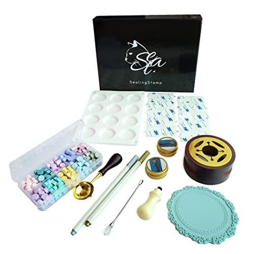 seasta シーリングスタンプセット スターターキット (31点セット) スタンプパッド 付 シーリングワックス 10色 粒タイプ 【構成品: パステル ワックスビーズ (封蝋) 10色 スプーン カラーペン 金 銀 キャンドル ワックス炉 ハンドル マドラー シリコンモールド 両面テープ スタンプパッド(エメラルド) 】のサムネイル