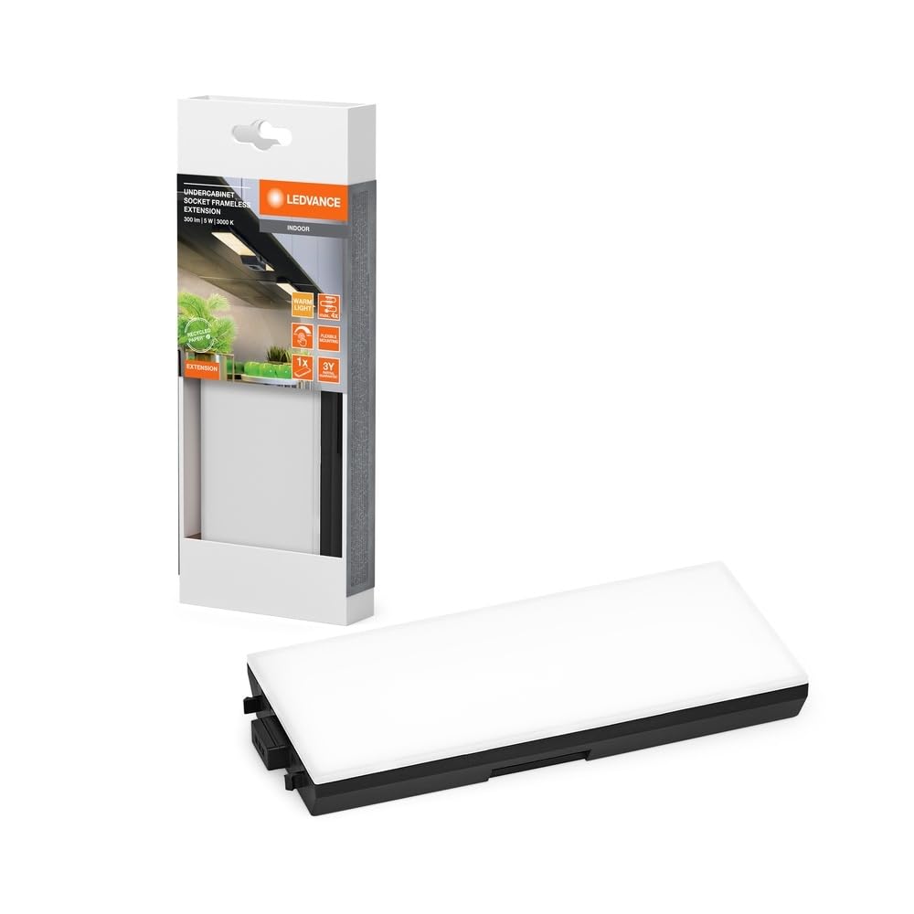 LEDVANCE rahmenloses Unterschrank-Leuchten-Kit mit Steckdosen und USB-C Ladestationen Flood, Extension, 3.85 W, 250 lm, 3000 K, 830 warmweiß, Nicht dimmbar, Schwarz, Kunststoff (PC), IP20