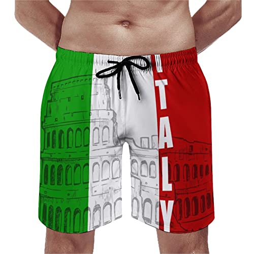 Roman Colosseum Italian Flag Mens Swim Trunks Quick Dry Swim Shorts Bathing Suit Beach Swim Board Shorts with Pockets