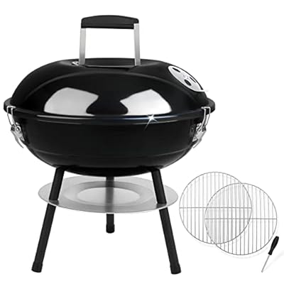 Charcoal Grill with 2 Grilling Racks, Joyfair 14 inch Small Portable BBQ Grill with Locking Lid for Outdoor Camping/Patio/Backyard Barbecue/Tabletop Cooking, Enamel Coated & Dual Vent System (Black)