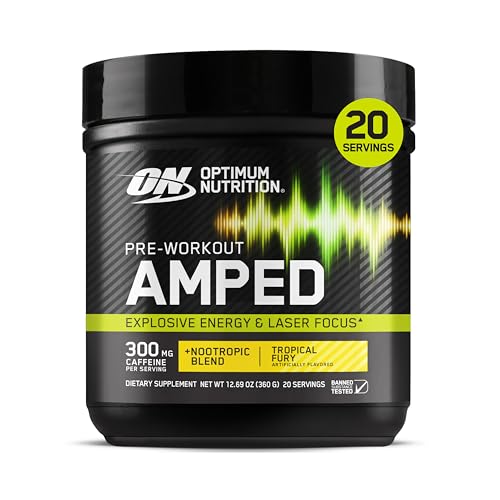 Image of Optimum Nutrition Amped Pre-Workout, with Citrulline, Beta-Alanine, Nootropics and 300mg of Caffeine for Energy, Tropical Fury, 20 Servings (Packaging May Vary) | Pre-Workout with L-citrulline, Beta-Alanine, Electrolytes, Nootropic blend with 300mg of Caffeine & Neumentix(r), Zero Sugar