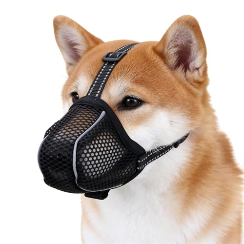 VZU Maulkorb für Hunde, Atmungsaktiv, Reflektierend, Verstellbarer Hundemaulkorb für Kleine Mittelgroße und Große, Verhindert Kauen, Fressen, Beißen, Mesh Haustiermaske (1, Schwarz, M)