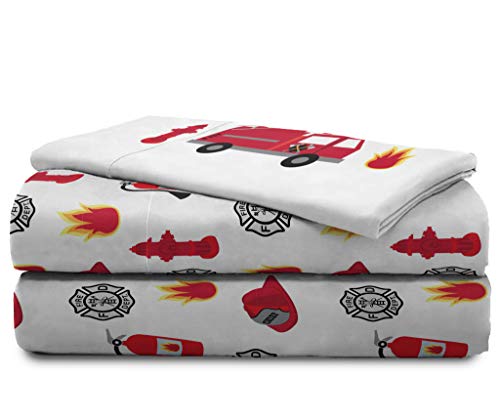 Image of Trend Collector Fire Truck Toddler Comforter Set 4 Piece Bedding, Blue | Bed in a Bag, Comforter Sheets Pillowcase, Official Brand, Soft Microfiber, Machine Washable, Easy Care, Boys Gift