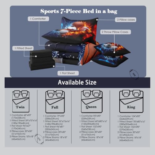 Image of Feelyou Boys Sports Comforter Set with Sheets 7 Piece Queen Size Football Baseball Soccer Bed in a Bag Kids Boys Girls Basketball Bedding Set Ball Game Sports Bedroom Decor Breathable Soft Microfiber