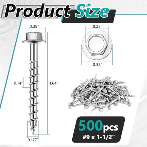 500 Tornillos Tirafondo para madera #9 x 1-1/2" con cabeza hexagonal para conectores de viguetas, resistentes de acero 1022A con acabado Dacromet miniatura 2