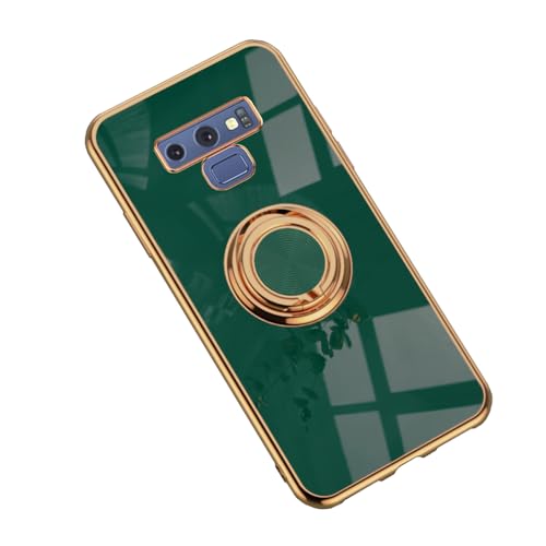 EiYioun Silicone Case for Samsung Galaxy Note 9 with Magnetic Attraction Metal Ring Holder Stand, Edge Plated Shockproof Non-Slip Ultra Thin Phone Protective Cover Dark Green