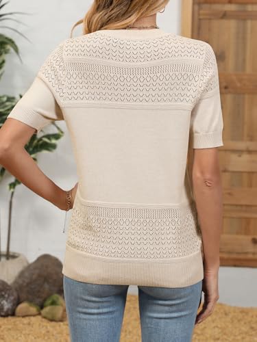 Image of Womens Summer Sweater Casual Short Sleeve Pullover Tops Crewneck Lightweight Shirts Ribbed Knit Dressy Blouse