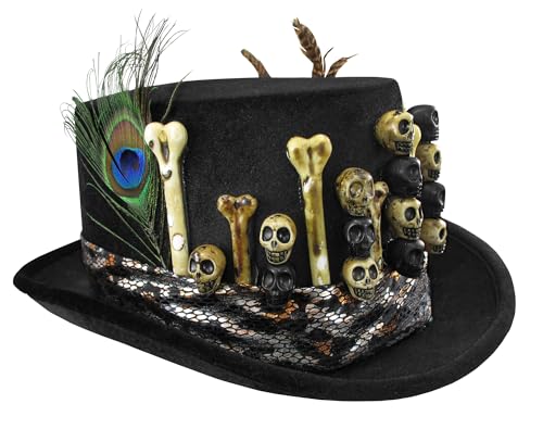 Nicky Bigs Novelties Deluxe Voodoo Top Hat – Gothic Costume Voodoo Hat with Skulls, Bones & Feathers – Mens Witch Hat for Halloween, Witch Doctor, Mardi Gras, and Themed Party Outfits