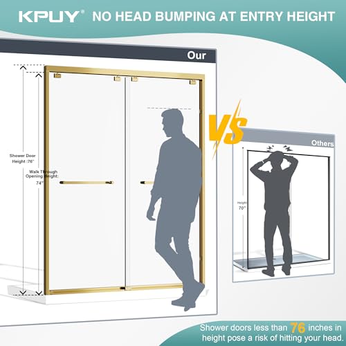 Image of KPUY Double Sliding Glass Shower Door 43-48 inch W x 76 inch H, Brushed Gold