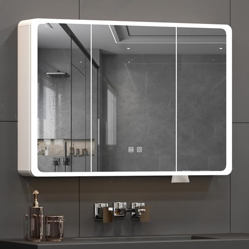 Buildonely Spiegelschrank Bad mit Beleuchtung 100 x 70 cm, Badschrank mit Antibeschlag-Funktion,...