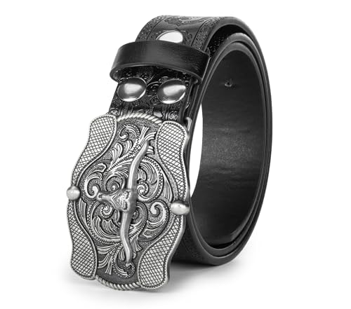 Image of UTOWO Western PU-Leather Cowboy Buckle Belt for Men and Women Jeans Engraved Floral Longhorn Bull Buckle Belt (25-38 inch waist)