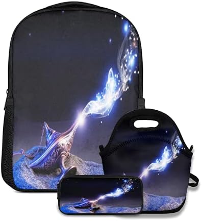 Backpack Lunch tote Bag and Pencil Case 3pc set magical aladdin lamp for work student weekend picnic travel fishing cycling toddler adventure backpack ryp, Black 18