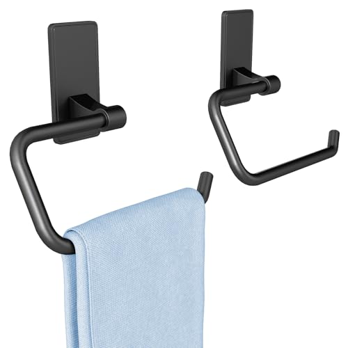 Image of 2-Piece Towel Ring, Adhesive Hand Towel Holder for Bathroom, Modern Style Towel Hangers Wall-Mounted Hand Towel Rack for Bathroom, Matte Black