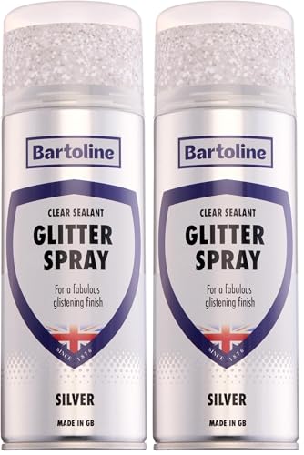 Image of Bartoline Glitter Spray Clear Sealant Silver 400ml Fine Silver Glitter in Clear Lacquer Gloss Finish Multi-Surface Decorative Finish – For Wood, Metal, Plastic, Fabric & More Interior/Exterior Use