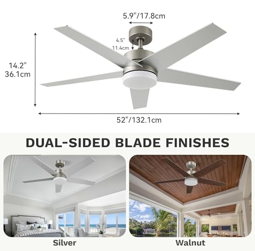 DWVO Ceiling Fans with Lights and Remote, 52 inch Silver Ceiling Fan with Reversible Quiet DC Motor, 3CCT Lighting,6 Speed, 5 Blade Fan for Bedroom Living Room
