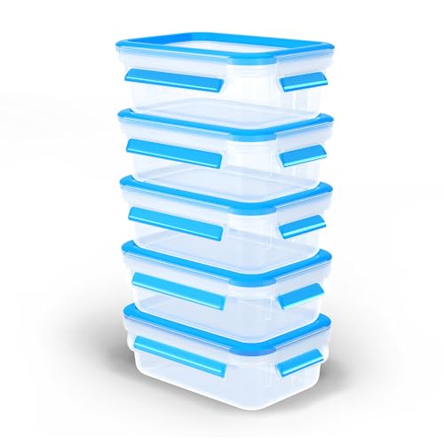 Emsa Clip & Close Frühstücks-Set, 5x Frischhaltedosen mit 0,55 Liter, 100% dicht/gefrierfest/mikrowellensicher, zertifiziert für Babynahrung, spülmaschinenfest, made in Germany, Blau, N1033600