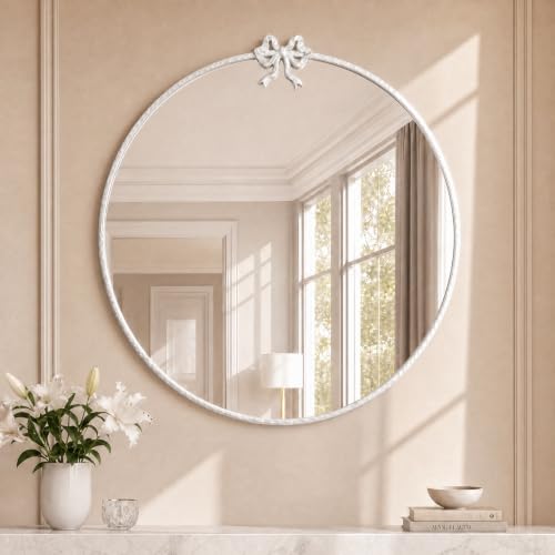 Image of 24 Inch White Circle Mirror Round Wall Mirror Vintage Bow Mirror Decor