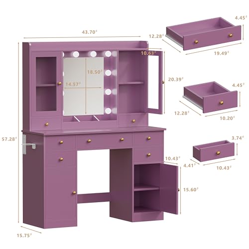 Image of HUANLEGO Purple Vanity Desk with Mirror and Lights for Girls Women | Makeup Vanity Mirror with Lights, LED RGB Lights Strip, Power Outlet, 7 Drawers, 2 Storage Cabinets, 3 Color Modes Adjustable