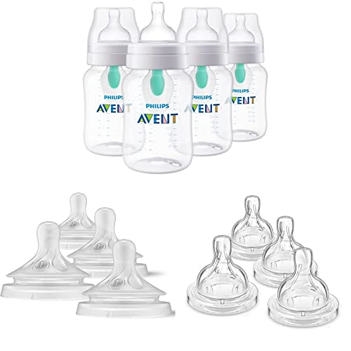 Image of Philips Avent Anti-Colic Baby Bottles with AirFree Vent, 9oz, Clear, SCY703/04 & Natural Response Baby Bottle Nipples Flow 1, 4pk, SCY961/04 & Anti-Colic Baby Bottle Flow 1 Nipple