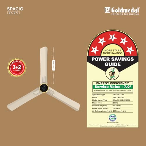 Image of Goldmedal Spacio BLDC 1200mm Decorative 5 Star Rated Ceiling Fan | Remote with 3 Modes | Off Timer Function (2,4,&8 HRS) | Smooth & Silent Operation (Tuscany Gold)