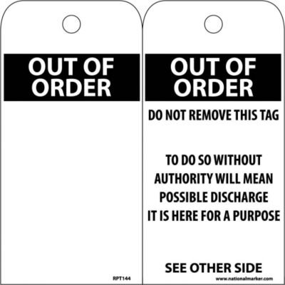 NMC RPT44 Out of Order Tag - [Pack of 25] 3 in. x 6 in. 2 Sided Inspection Tag with White Text on Black Base and Black Text on White Base