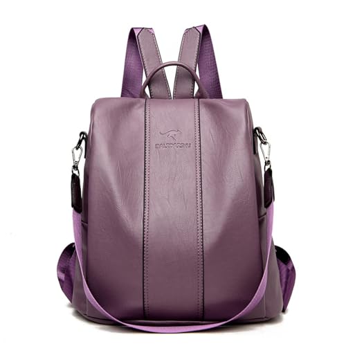 Mochila Feminina Moda Mochila de Grande Capacidade Viagem Mochila Mulheres de Couro PU Macio Multifuncional Anti-roubo Bolsa de Ombro (Roxo)