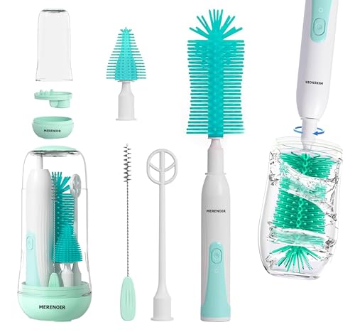 Image of Merenoir Electric Bottle Brush Cleaner, Rechargable Electric Baby Bottle Brush for Travel, Silicone Waterproof Electric Bottle Cleaner Set with Nipple & Straw Brush, Gift for Mom After Birth