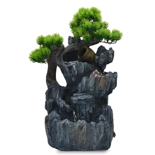 20-Inch Tabletop Water Fountain with Bonsai Tree, Cascading Waterfall, Spinning Crystal Ball, and LED Lighting – Indoor Zen Decorative Fountain with USB Connection for Home or Office