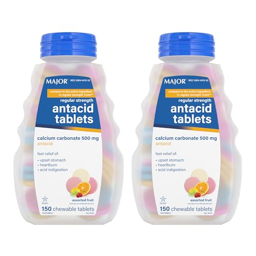 MAJOR Regular Strength Antacid Tablets - Calcium Carbonate 500 mg - Assorted Fruit Flavor - 150 Chewable Count (2 Pack)