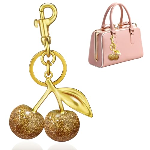 LXCSYXJ Cherry Keychain Bag Charm for Women - Sparkling Alloy Key Holder with Secure Clip Cute Kawaii Accessories for Handbag Purse Luggage Birthday Christmas Holiday Gifts(Golden)