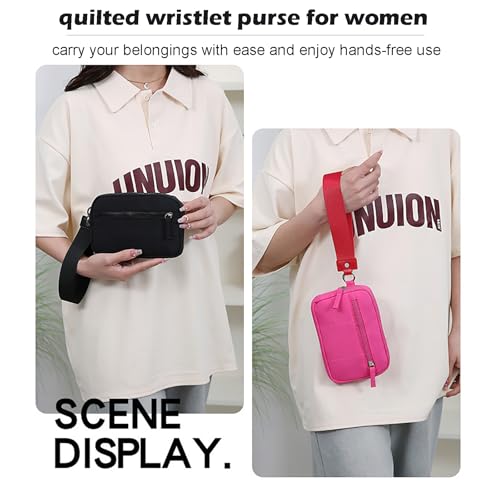 Wristlet Wallets for Women Nylon Quilted Wallet with 3 Zippers Pocket and Credit Slots Phone Organizer Coin Purse (Rose)4