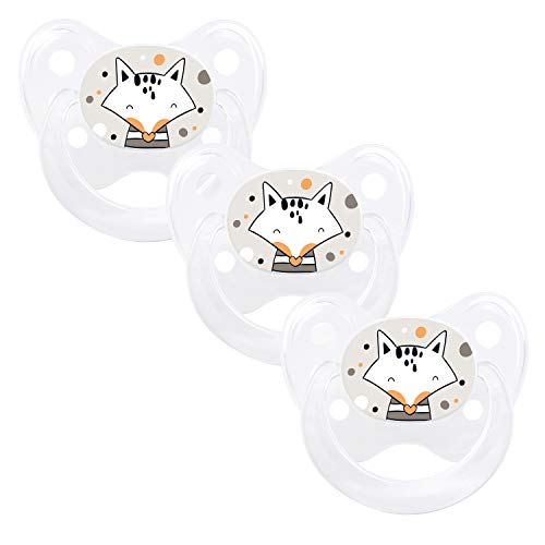 dentistar Silikon Schnuller 3er-Set - Größe 1 Schnuller 0-6 Monate - Zahn- & kieferfreundlicher Nuckel mit Dental-Stufe – BPA-frei – Made in Germany - Fuchs, Weiß
