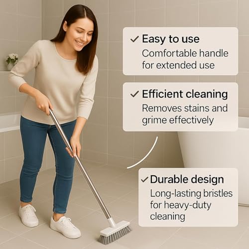 Image of Bathroom Cleaning Brush with Wiper, BUYERZONE Floor and Tiles Cleaner Brush, Bathroom Cleaning Accessories, Cleaning Brush with Long Handle, Versatile Washroom Brush Cleaner;,