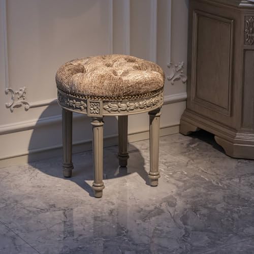 Texphw Vanity Stool, French Vintage Square Stool with Cushion, Round Tufted Upholstered Stool for Living Room Dining Room Entryway, Makeup Foot Stool Ottomans (Round Khaki Cloth)