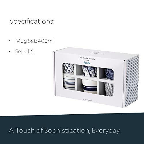 Royal Doulton 40034459 - Coffee Mugs Set of 6, Pacific Blue Collection - Small Porcelain Mugs - Perfect for Coffee, Tea and Hot Beverages - Blue & White Mugs, 280ml