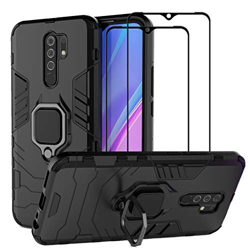 EasyLifeGo for Xiaomi Redmi 9 Kickstand Case with Tempered Glass Screen Protector [2 Pieces], Hybrid Heavy Duty Armor Dual Layer Anti-Scratch Case Cover, Black