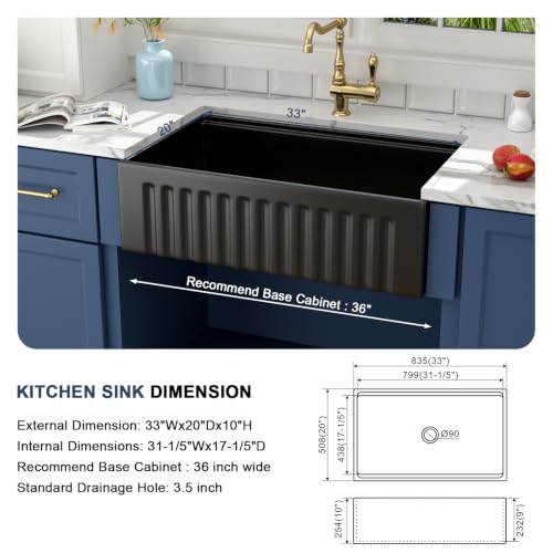 Image of Lordear 33 Black Farmhouse Sink Workstation Porcelain Farm Kitchen Sinks Matte Black Single Bowl Basin 33x20x10 Inch Large Bowl Sink