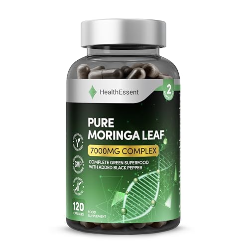 Rosabella Moringa Capsules 7000mg Complex, High Strength Complete Green Superfood with Added Black Pepper, Moringa Leaf Extract and Powder for High Absorption - 120 Capsules by HealthEssent