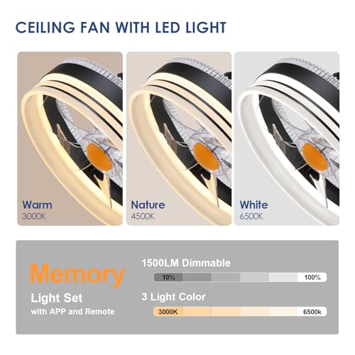 Image of Mpayel RGB Ceiling Fans with Lights, 13 inch Low Profile Ceiling Fan with Light and Remote, 3000-6000K Dimmable Modern Black Flush Mount LED Fan Light for Bedroom, Living Room, Kitchen