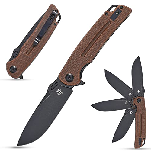 Sitivien ST137 Folding Knife,D2 Satin Blade,Micarta Handle EDC Tool Knife for Outdoor Hiking Camping Fishing(Brown)