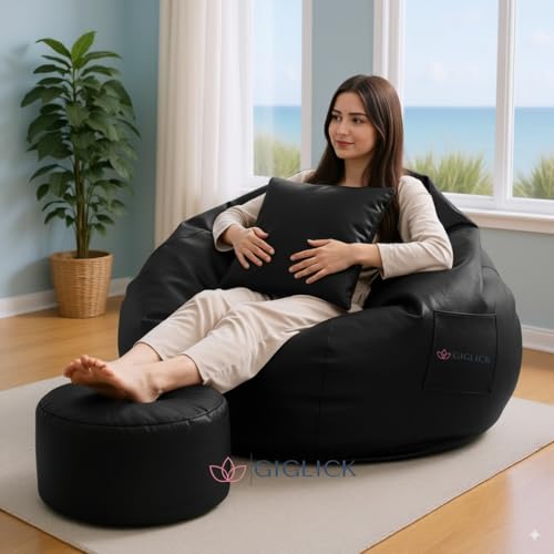 Image of 4XL Leatherette Bean Bag Chair with Footrest & Cushion with Beans Filled (Ready to Use) Color- (Black, Bean Bag Set)