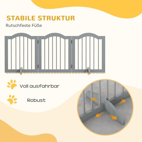 PawHut Absperrgitter Hund 3-teilig, 154,5 x 61 cm Faltbar Hundegitter mit Tür, Türschutzgitter mit 2 Stützfüßen, Freistehend Treppengitter für Küche, Flur, Hellgrau
